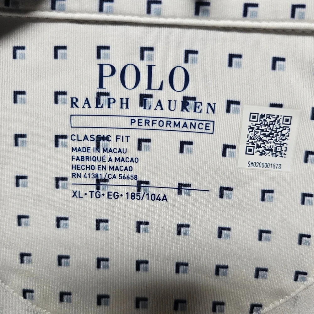 Polo Ralph Lauren Performance Men's XL White Navy Blue Geometric Golf Polo Shirt